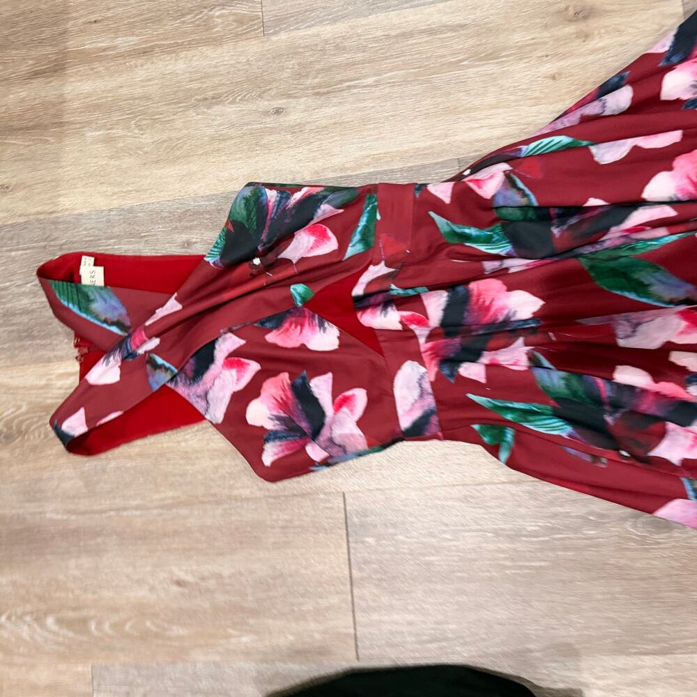 Fame And Partners Burgundy Floral Hummingbird Print A Line Gown Size 2 - Picture 5 of 7